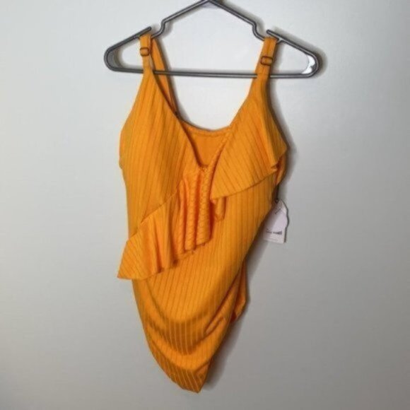 Everyday Sunday Women Yellow One-Piece Ruffle Ribbed Swimsuit Plus Size 3X - Picture 5 of 12